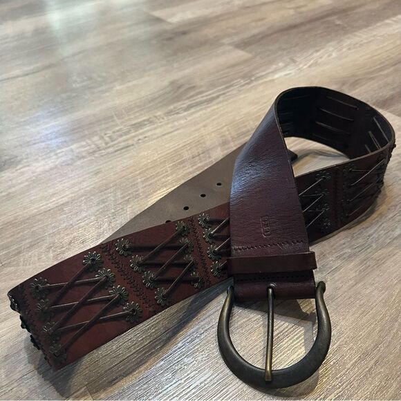 LAUREN RALPH LAUREN Leather Belt Women Large Woven Flower Stud Western Boho